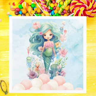 Serviette En Papier Sirène Whimsical bleu rose fête d'anniversaire Nap