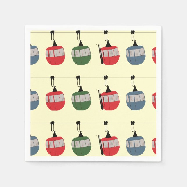 Serviette En Papier Ski d'hiver Rétro Gondola Ascenseur Skieurs Creme (Devant)