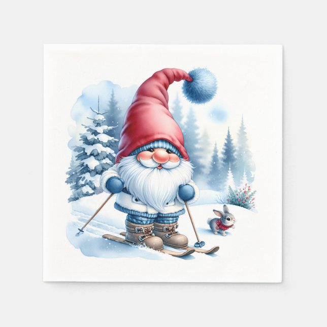 Serviette En Papier Ski Gnome d'hiver avec un lapin (Devant)