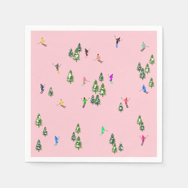 Serviette En Papier Skieurs roses Ski d'ouverture Noël Ski de vacances (Devant)