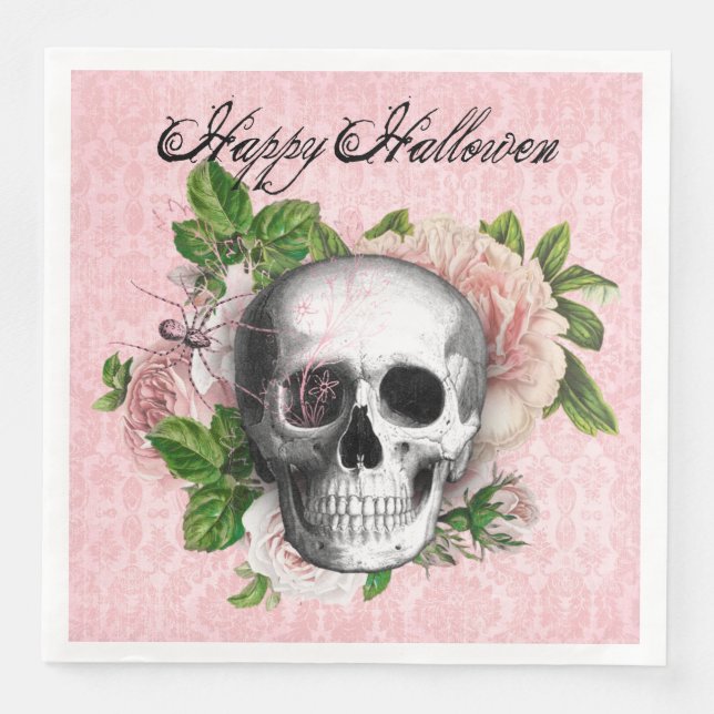 Serviette En Papier Skul gothique avec Rose | Halloween (Devant)