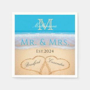 Serviette En Papier Sky Blue Beach Mariage 2 Coeurs dans le sable