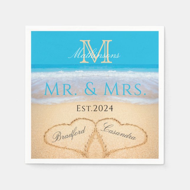 Serviette En Papier Sky Blue Beach Mariage 2 Coeurs dans le sable (Devant)