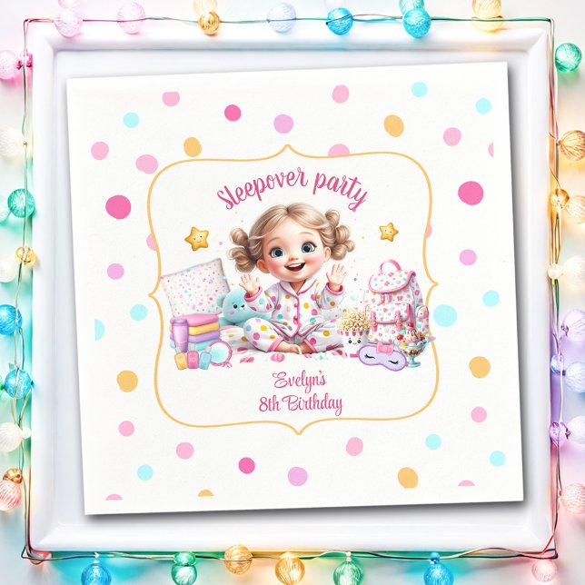 Serviette En Papier Sleepover Parti de bois rose mignonne fille Polka  (Sleepover Slumber Party Pink Cute Girl Polka Dot Napkins)