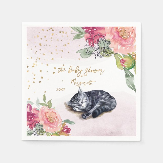 Serviette En Papier Sleepy Kitten Illustration Baby shower fille (Devant)