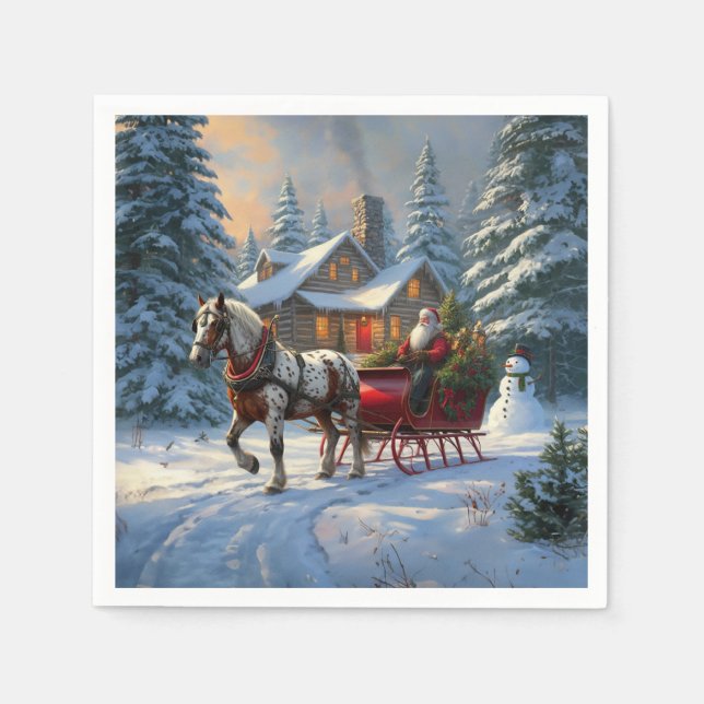 Serviette En Papier Sleigh Père Noël à cheval de Noël (Devant)