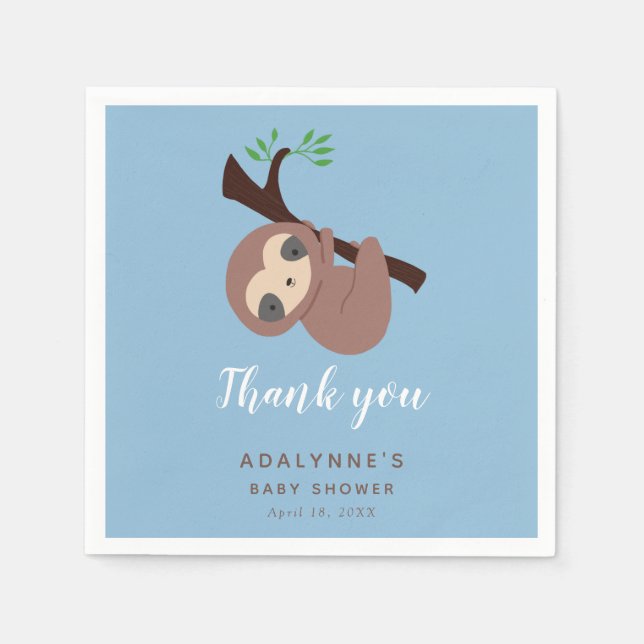 Serviette En Papier Sloth Baby shower Jungle Script mignon garçon bleu (Devant)