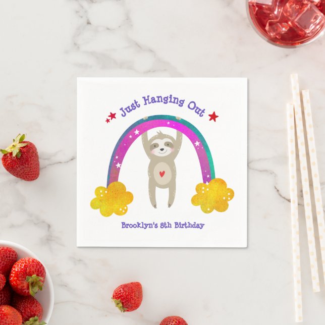 Serviette En Papier Sloth Boho Rainbow Birthday Cute Kawaii Nom blanc (En situation)