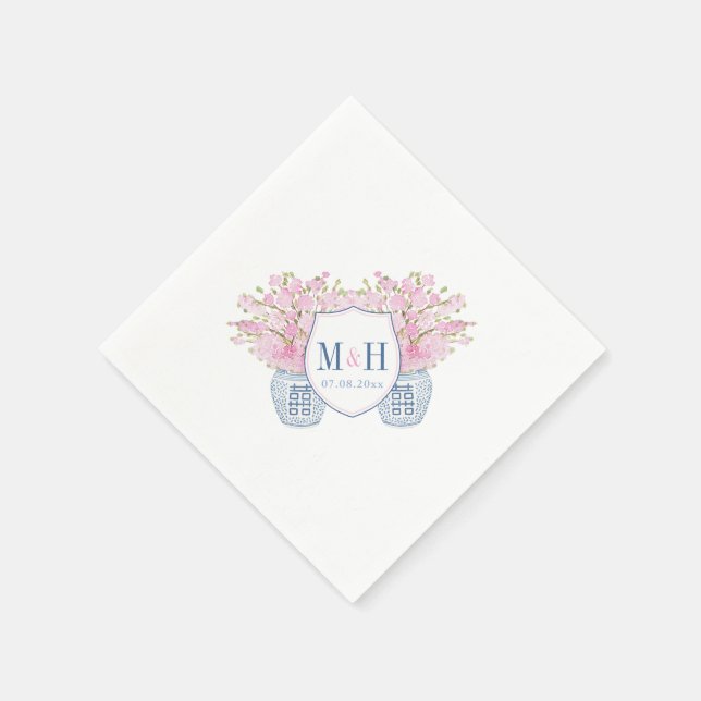 Serviette En Papier Smart Blue rose Monogramme Chinoiserie Chic Mariag (Coin)