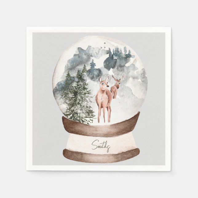 Serviette En Papier Snow globe Custom Nom de famille Woodland Noël (Devant)