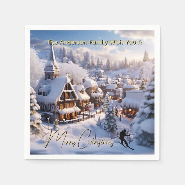 Serviette En Papier Snow ski chalets editable holiday greeting (Devant)