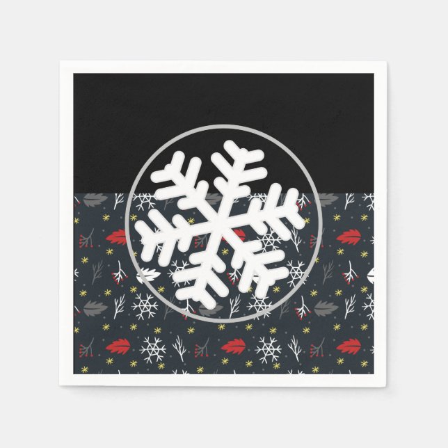 Serviette En Papier Snowflakes et Feuilles de Noël avec dos noir (Devant)