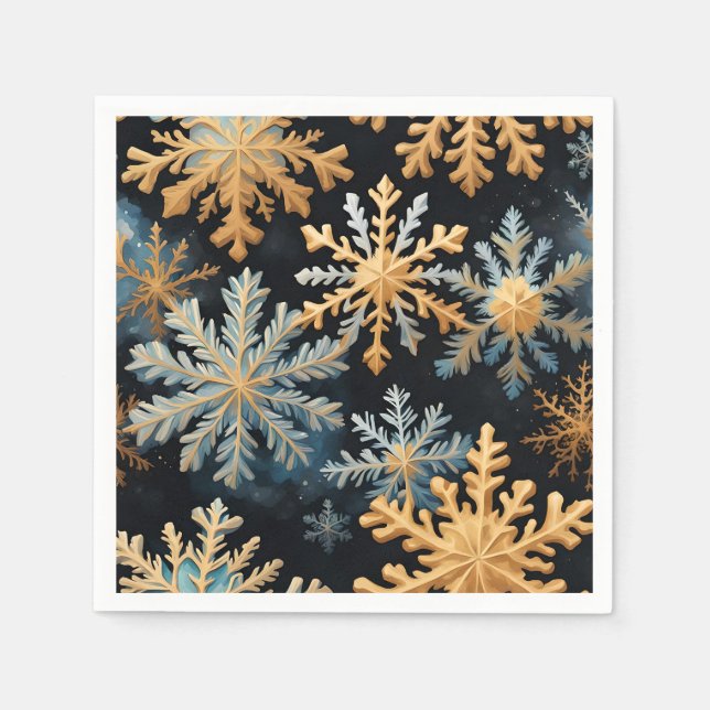 Serviette En Papier Snowflakes Magique Noël Noir Or Bleu (Devant)