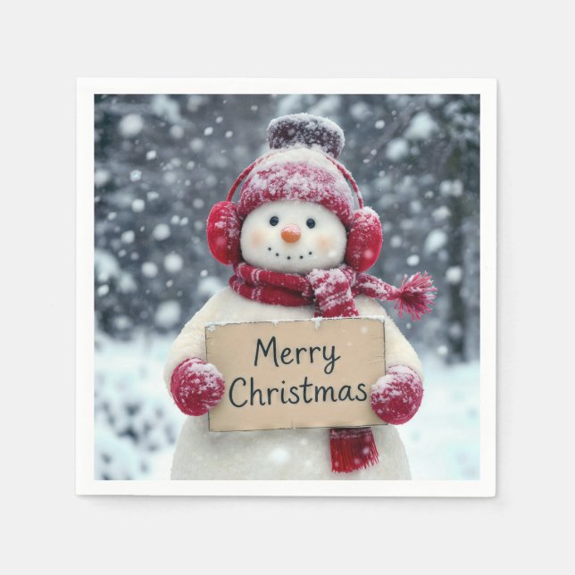 Serviette En Papier Snowman avec joyeux signe de Noël (Devant)