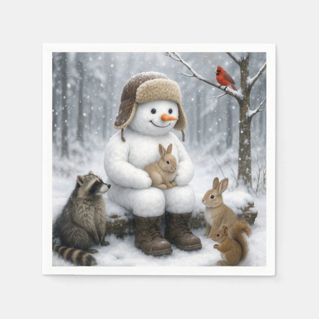Serviette En Papier Snowman In Winter Woods With Animal Friends (Devant)