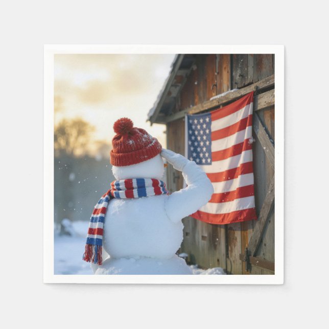 Serviette En Papier Snowman Saluting an American Flag (Devant)