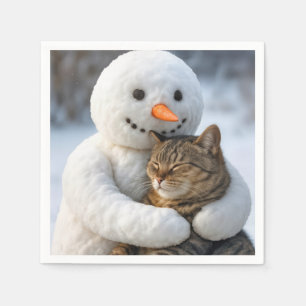 Serviette En Papier Snowman serrant un chat Tabby