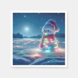 Serviette En Papier Snowman Tangé Dans Les Lumières De Noël