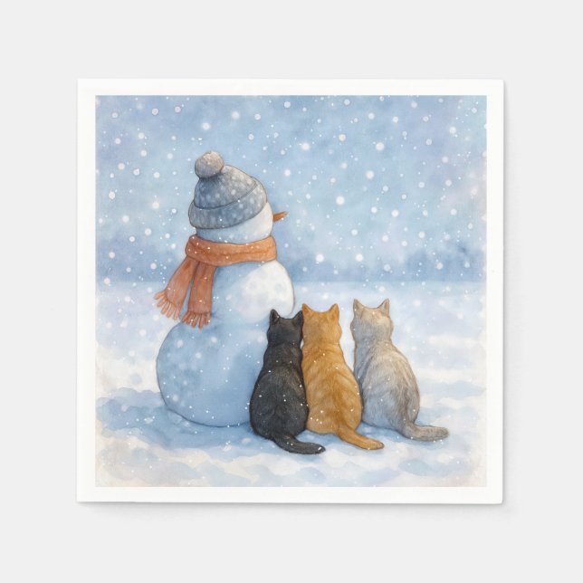 Serviette En Papier Snowmen and Cats In a Snowy Field (Devant)