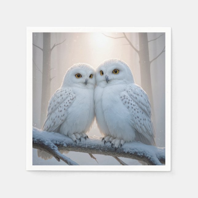 Serviette En Papier Snowy Owls On a Winter Branch (Devant)