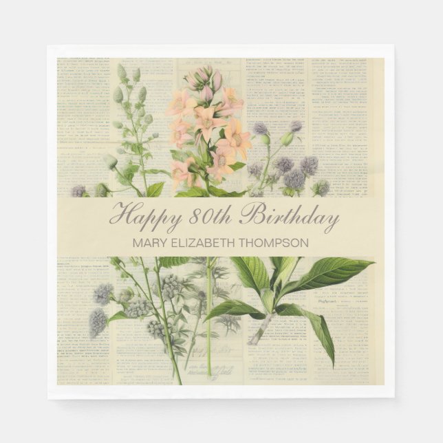 Serviette En Papier Soft Botanical Vintaqe Fleur sauvage 80e anniversa (Devant)