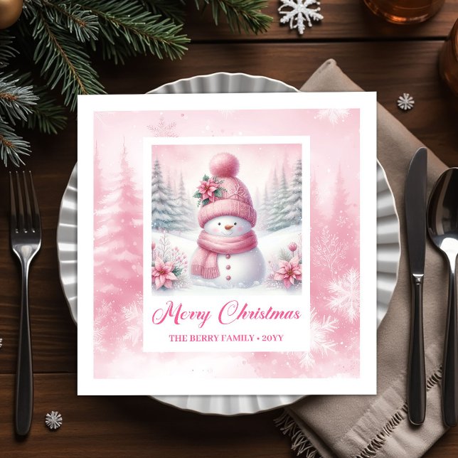 Serviette En Papier Soft Pink Snowman Winter Scene Christmas Napkins  (Soft Pink Snowman Winter Scene Christmas Napkins for Kids)