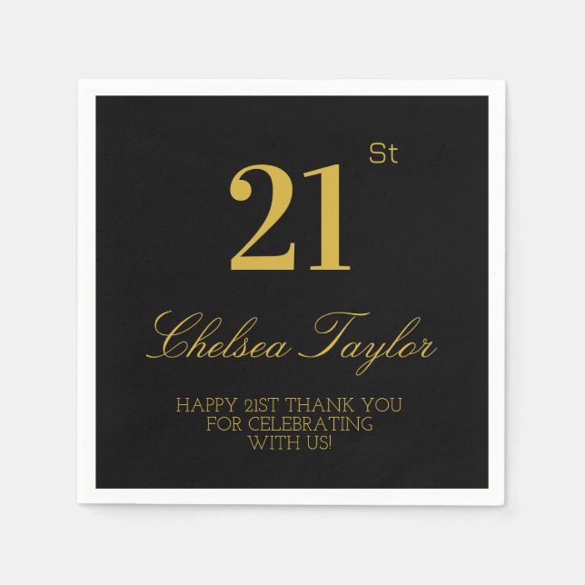 Serviette En Papier Soirée Confetti 21e anniversaire Black & Gold (Devant)