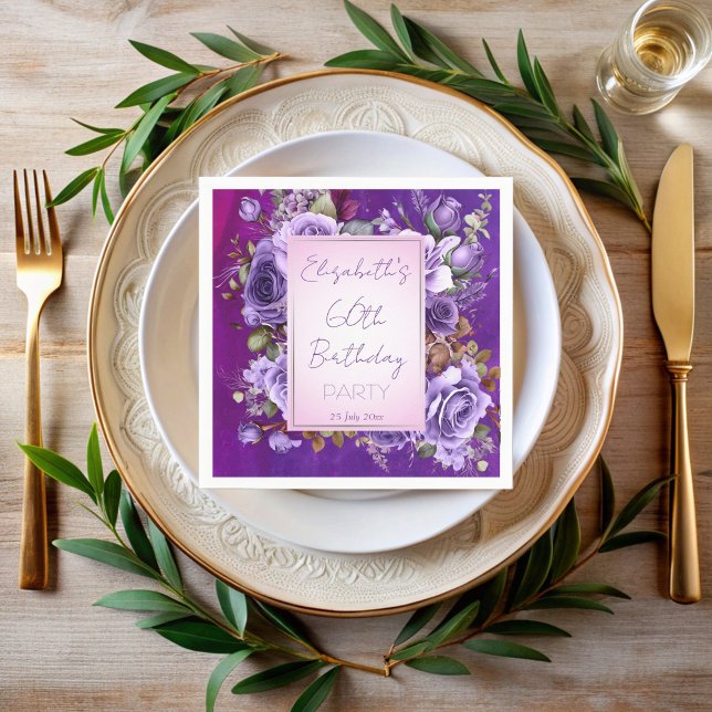 Serviette En Papier Soirée d'anniversaire élégante violet roses monogr (Elegant purple lilac roses adults birthday party monogrammed napkins personalized table decor)
