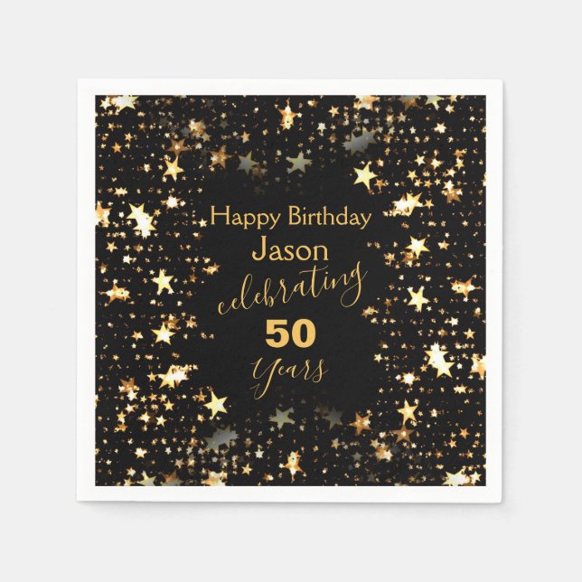 Serviette En Papier Soirée de 50e anniversaire en noir et or (Devant)