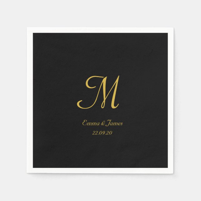 Serviette En Papier Soirée de mariage Elegant Gold et Noir Monogramme (Devant)
