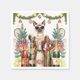 Serviette En Papier Soirée de Noël de tennis avec joueurs de chat