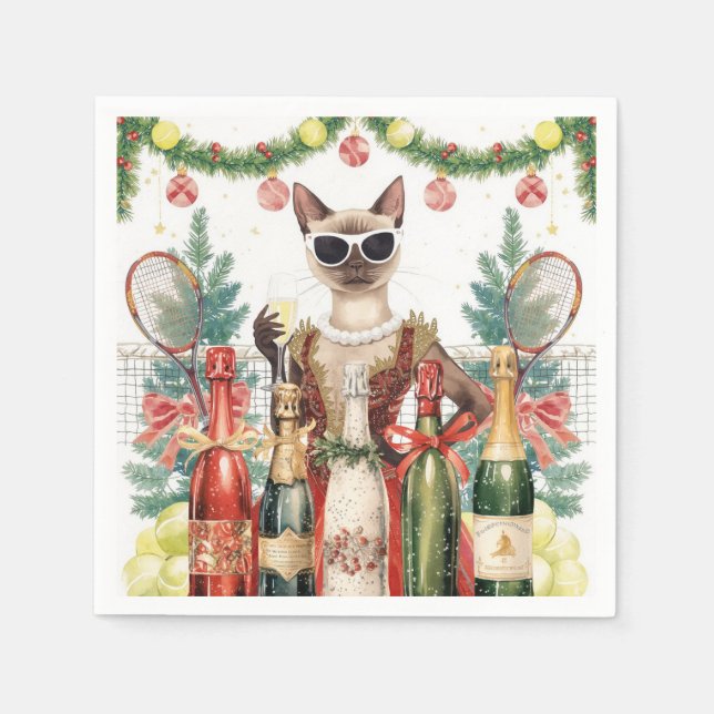 Serviette En Papier Soirée de Noël de tennis avec joueurs de chat (Devant)