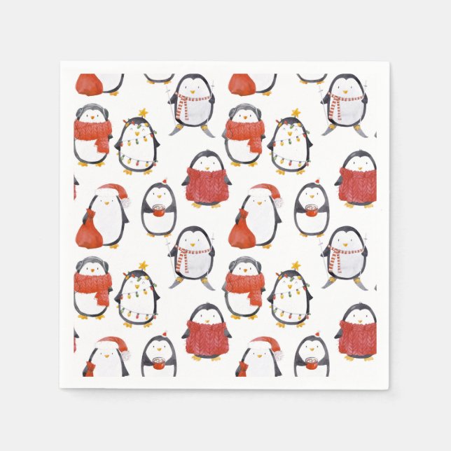 Serviette En Papier Soirée de Noël Motif des Pingouins Festifs (Devant)