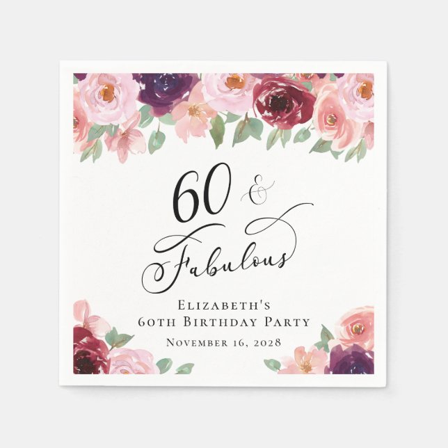 Serviette En Papier Soirée florale élégante 60e anniversaire (Devant)