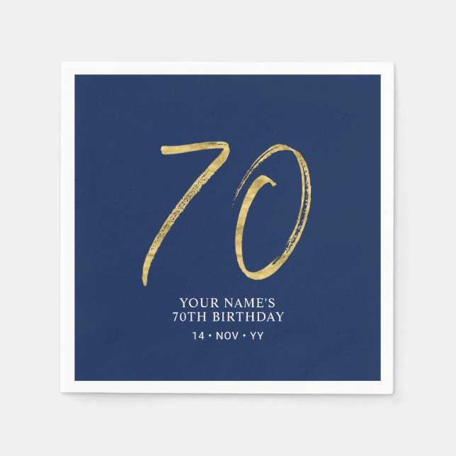 Serviette En Papier Soixante-Dix | Gold & Navy Blue Lettering 70th Bir (Devant)