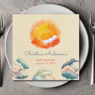 Serviette En Papier Soleil et nuages Baby shower rétro gris jaune