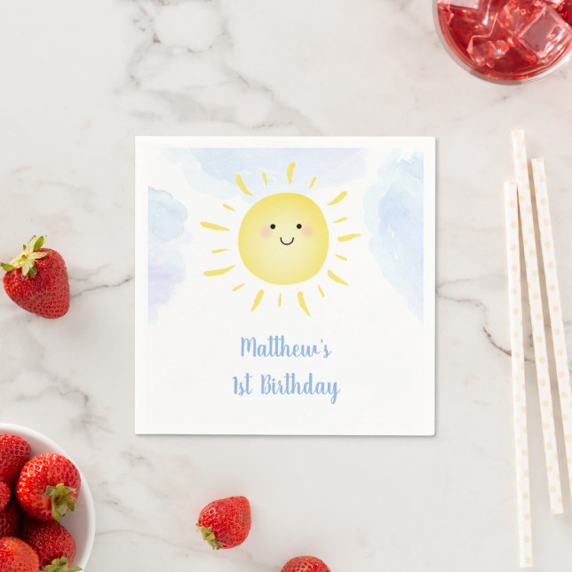 Serviette En Papier Soleil Nuages Blue Boy Anniversaire (En situation)