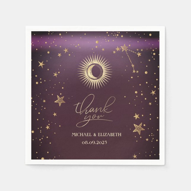 Serviette En Papier Soleil Or Céleste Et Étoiles Lune Bourgogne (Devant)