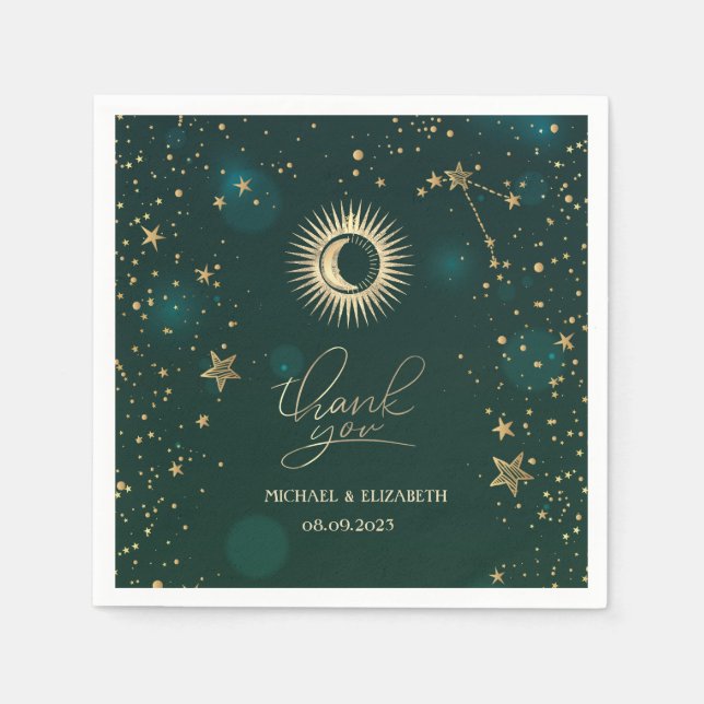 Serviette En Papier Soleil Or Céleste Et Étoiles Lune Vert (Devant)