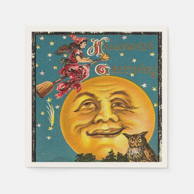 Serviette En Papier Sorcière de salutations Halloween vintage voler su (Devant)