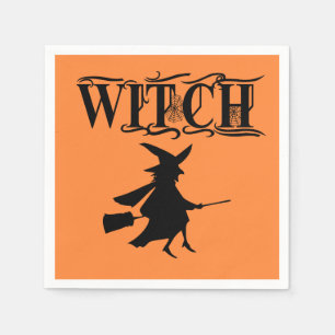Serviette En Papier Sorcière volante méchante orange Halloween
