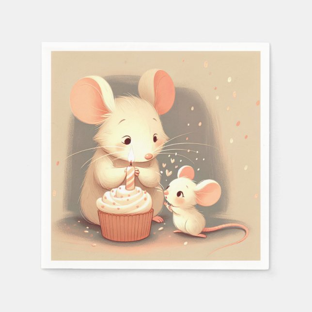 Serviette En Papier Souris Anniversaire Avec Cupcake (Devant)