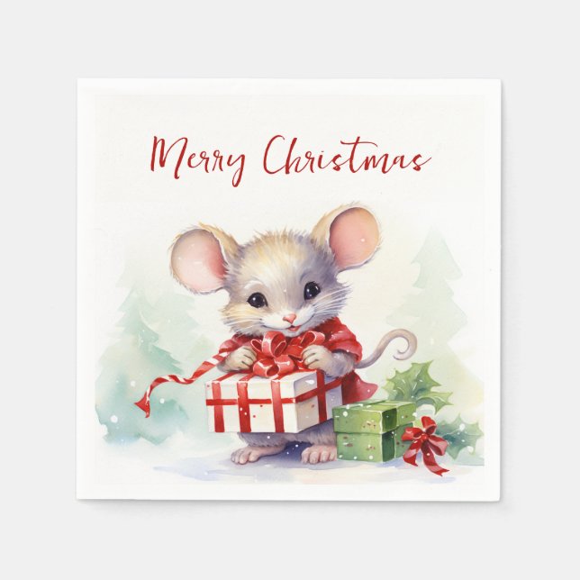 Serviette En Papier Souris aquarelle avec cadeau de Noël (Devant)
