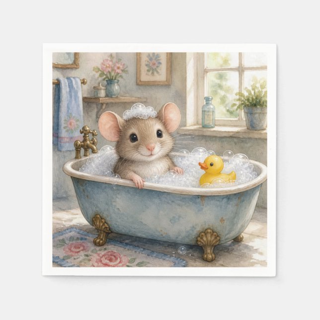 Serviette En Papier Souris dans un bain moussant avec un canard jaune (Devant)