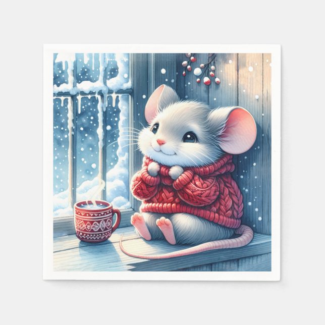 Serviette En Papier Souris de Noël dans la fenêtre d'hiver (Devant)