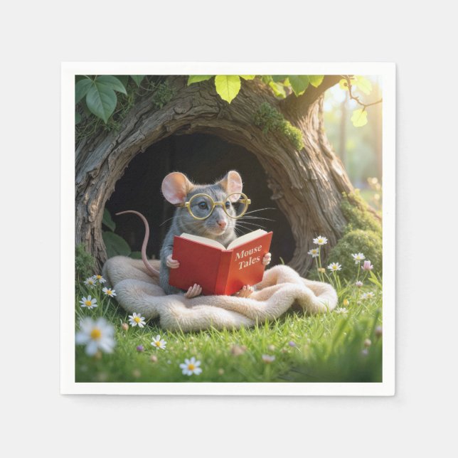 Serviette En Papier Souris lisant un livre rouge sur une couverture (Devant)