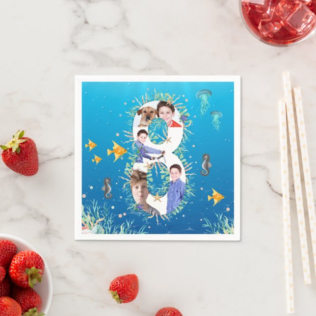 Serviette En Papier Sous la mer Gros 8e anniversaire Photo Collage (En situation)