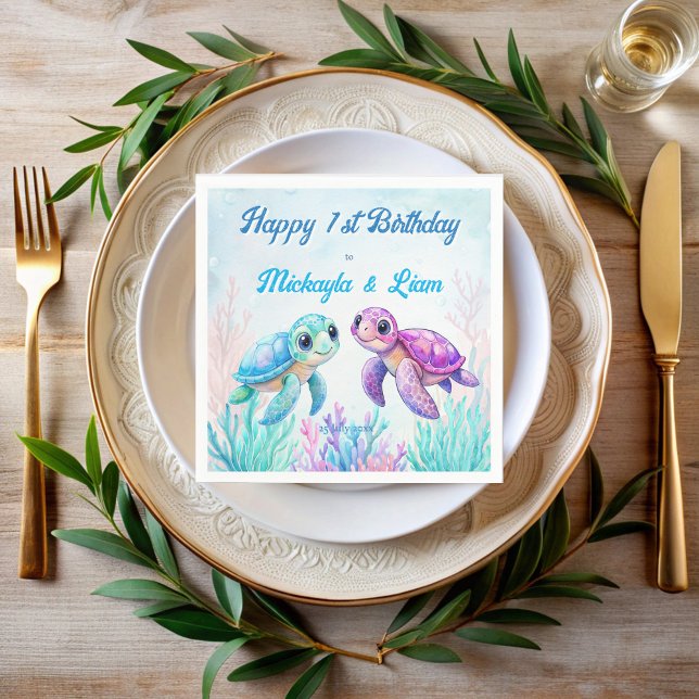 Serviette En Papier Sous la tortue de mer aqua bleu jumeaux anniversai (Under the sea turtle aqua blue pink purple twins birthday party personalized printed napkins)