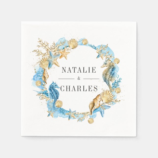 Serviette En Papier Sous le Mariage d'été Sea Blue Gold (Devant)