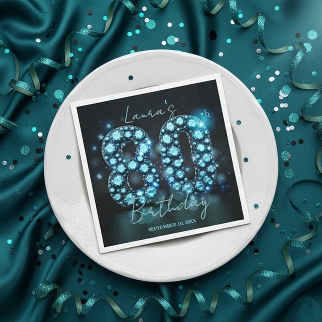 Serviette En Papier Sparkling Turquoise Black Diamond 80th Birthday (Créateur téléchargé)